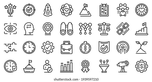 Icons für Kernwerte gesetzt. Rahmenset mit Kernwerten Vektorsymbole für Webdesign einzeln auf weißem Hintergrund