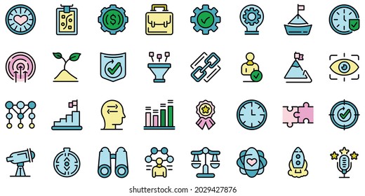 Conjunto de iconos de valores centrales. Conjunto de esquemas de valores centrales iconos vectoriales color de línea delgada plano sobre blanco