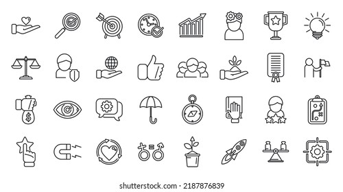 Core values icons set outline vector. Client innovation. Integrity mission