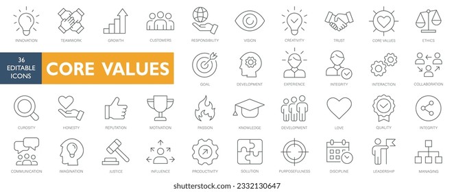 core values icons set vector illustration thin line with editable stroke on white background. teamwork, interaction, innovation, ethics, trust, growth, collaboration, yellow and blue style stroke