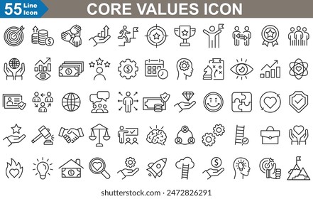 Core values Icons set vector illustrator. Innovation, Goals, Responsibility, Integrity, Customers, Commitment, Quality, Teamwork, Reliability, Inclusion. 