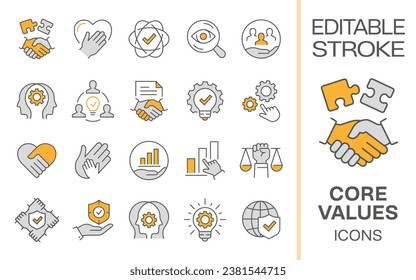 Core values icons, such as business, social responsibility, mission, Integrity and more. Editable stroke.