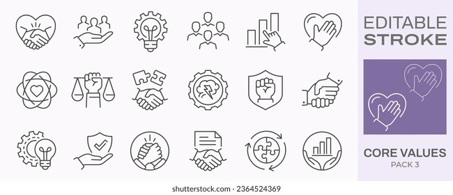 Core values icons, such as honesty, business, company, handshake and more. Editable stroke.