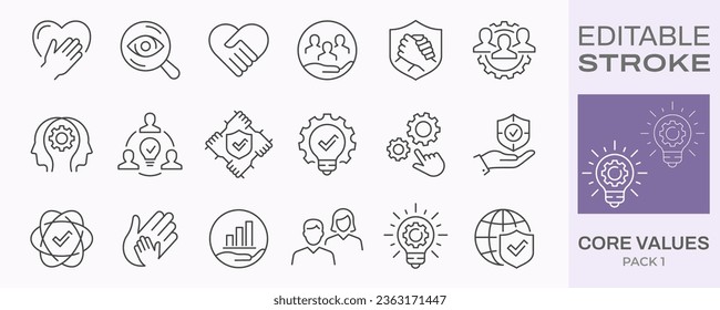 Core values icons, such as mission, business, company, integrity and more. Editable stroke.