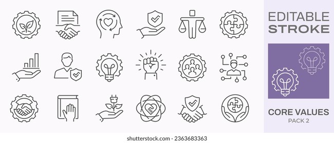 Core values icons, such as mission, business, company, handshake and more. Editable stroke.