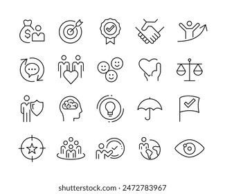 Core Values Icons - Vector Line. Editable Stroke. 