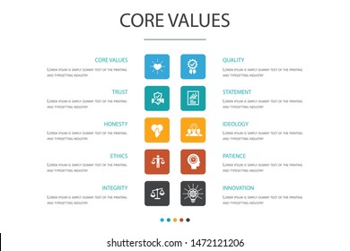 Core values Infographic 10 option concept.trust, honesty, ethics, integrity simple icons