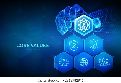 Core Values infographic. Responsibility Ethics Goals Company business concept on virtual screen. Wireframe hand places an element into a composition visualizing Core values. Vector illustration.