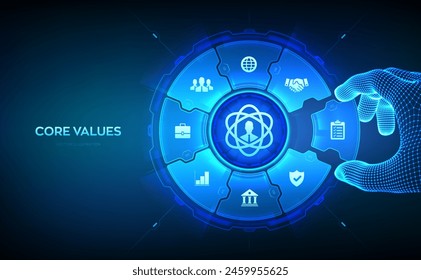 Infografía de Valores Centrales. Responsabilidad Objetivos éticos Concepto de negocio de la empresa en pantalla virtual. La mano de modelo de alambres coloca un elemento en una composición visualizando los valores de Núcleo. Ilustración vectorial.