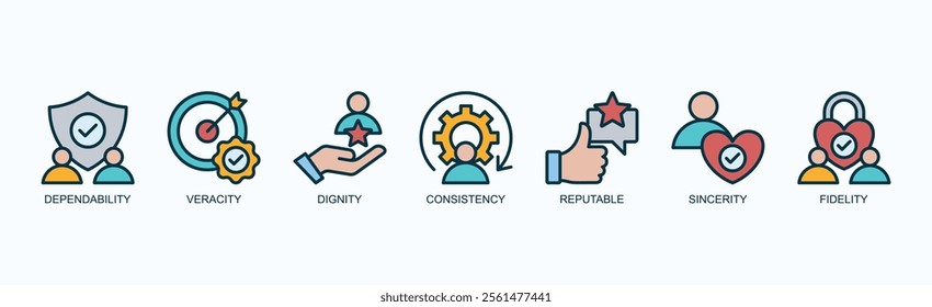 Core Values Of Integrity And Trust Icon Set Isolated Vector Illustration Concept With Icon Of Dependability, Veracity, Dignity, Consistency, Reputable, Sincerity, Fidelity In Outline Color Style