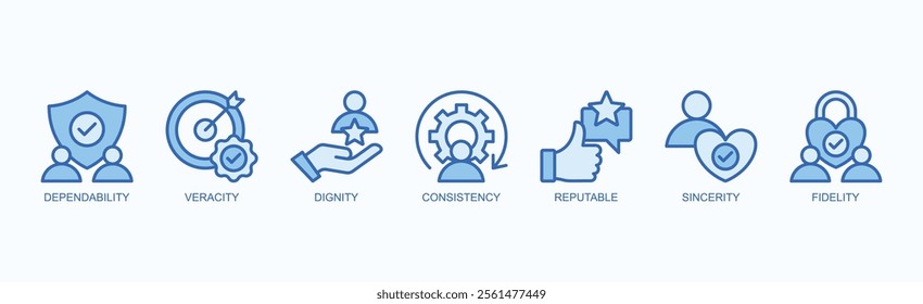 Core Values Of Integrity And Trust Icon Set Isolated Vector Illustration Concept With Icon Of Dependability, Veracity, Dignity, Consistency, Reputable, Sincerity, Fidelity In Blue Style