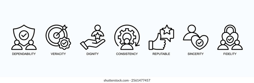 Core Values Of Integrity And Trust Icon Set Isolated Vector Illustration Concept With Icon Of Dependability, Veracity, Dignity, Consistency, Reputable, Sincerity, Fidelity In Outline Style