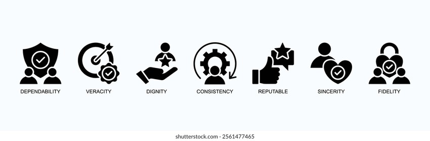 Core Values Of Integrity And Trust Icon Set Isolated Vector Illustration Concept With Icon Of Dependability, Veracity, Dignity, Consistency, Reputable, Sincerity, Fidelity In Glyph Style