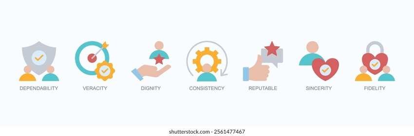 Core Values Of Integrity And Trust Icon Set Isolated Vector Illustration Concept With Icon Of Dependability, Veracity, Dignity, Consistency, Reputable, Sincerity, Fidelity In Flat Style