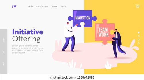 Core Values . Landing Page Template. Tiny Businesspeople Characters Holding Huge Puzzle with Basic Social and Business Principles Innovation and Teamwork, People Working. Cartoon Vector Illustration