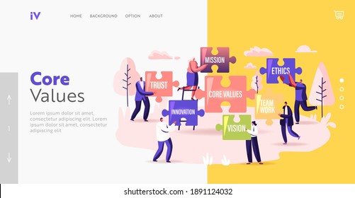 Core Values Landing Page Template. Tiny Businesspeople Characters Holding Huge Puzzle with Basic Business Principles Trust, Mission, Ethic, Vision or Innovation. Cartoon People Vector Illustration