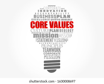 Core values light bulb word cloud collage, business concept background