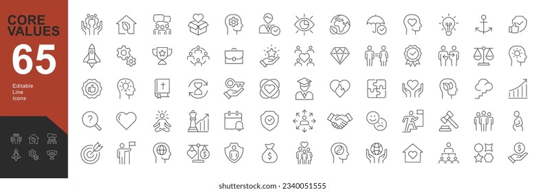 Core Values Line editable icons set. Vector illustration in modern thin line style of Core Values icons: integrity, innovation, growth, goal, trust, family, passion, ethic, education, profession.