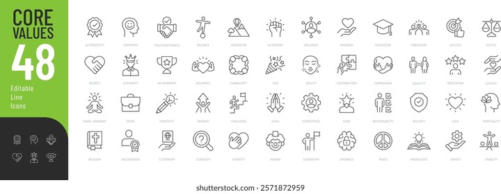 Core Values Line Editable Icons set. Vector illustration in modern thin line style of beliefs related icons: happiness, work, community, and more. Pictograms and infographics for mobile apps