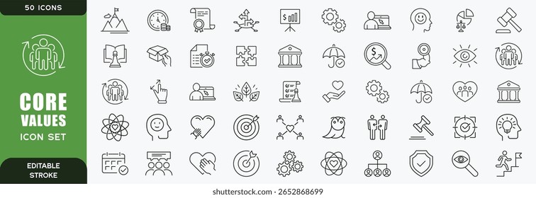 Core Values Line Editable Icons set. Vector illustration in modern thin line style of beliefs related icons: happiness, work, community, and more. Pictograms and infographics for mobile apps