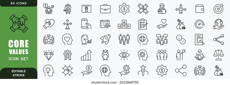 Conjunto de ícones editáveis da linha de valores principais. Ilustração vetorial no estilo moderno de linhas finas de crenças ícones relacionados: felicidade, trabalho, comunidade e muito mais. Pictogramas e infográficos para aplicativos móveis