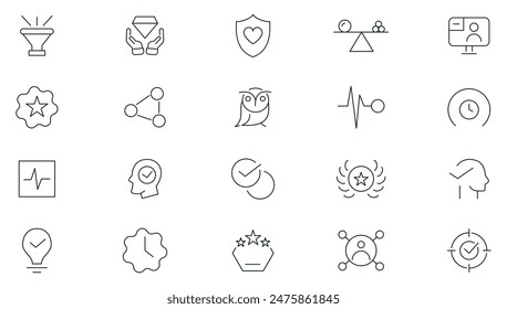 Core values line icon set. Goals and Targets, achievement, aim, motivation, vision, growth, goal, trust, teamwork, passion, leadership, strategy outline icon set