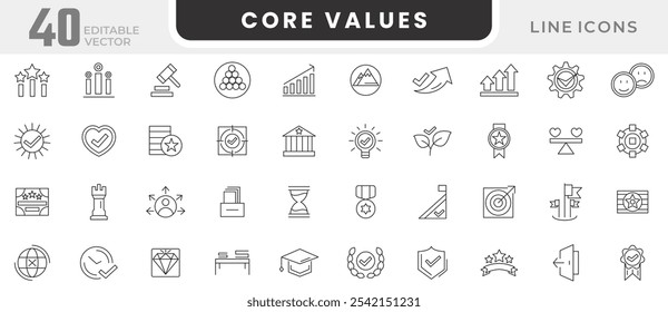 Conjunto de iconos de línea de valores principales. Valor central, innovación, liderazgo, estrategia, desempeño, servicios sociales, desarrollo legislativo, metas, integridad, conjunto de íconos de líneas Clientes. Paquete de iconos de línea delgada de interfaz de usuario.