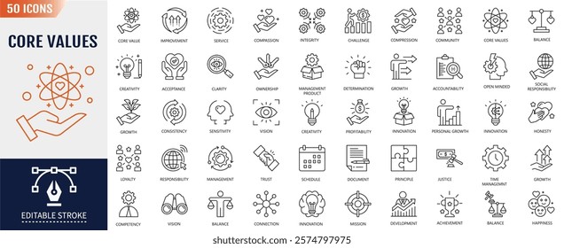 Core values line icon set. Editable stroke. Containing acceptance, achievement, adaptability, authenticity, autonomy, balance, badness icon. Vector illustration