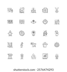 Core Values line icon set. Set of outline icons related to core values, integrity, innovation, growth, goal, trust, teamwork, customers, ethics, motivation, vision and others