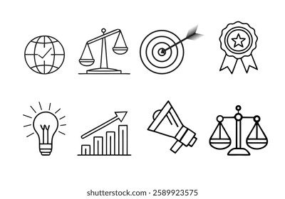  Core Values line icon set. Set of 8 outline icons related to core values, integrity, innovation, growth, goal, trust, teamwork, customers, ethics, motivation, vision and others. Vector illustration.