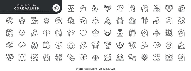 Core values line icon set. Positive personal qualities of a person and character traits. Efficiency, productivity, love, friendship, success and more. Outline icon in linear style. Vector collection.	