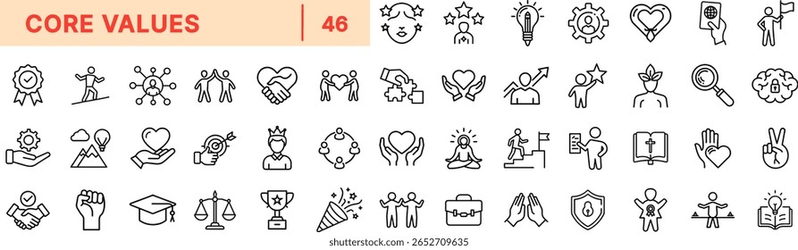Core Values Line Icon Set Featuring Trust, Integrity, Heart, Growth, Peace, Teamwork, Handshake, Leadership, Gratitude, Loyalty, Respect, Success, Honesty, Balance, and Recognition Icon Design