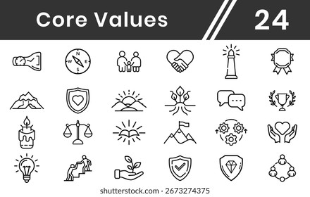 Ícone da linha de valores principais definido para a Web. Incluindo representação de valores fundamentais, integridade, trabalho em equipe, confiança, ética, meta, progresso do objetivo, compromisso de trabalho em equipe fino preto e vermelho esboço símbolos vetor.

