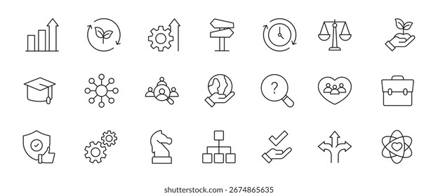 Conjunto de iconos de línea de valores principales. Los valores centrales describen los iconos: negocios, ética, liderazgo, creatividad, integridad y más. Ilustración vectorial.