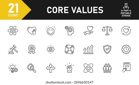Conjunto de ícones da linha Valores Principais. Conjunto de 21 ícones relacionados com valores fundamentais, inovação, integridade, confiança, trabalho em equipe, visão, motivação, meta e outros. Traçado editável. Ilustração vetorial.