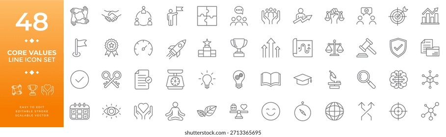 Conjunto de iconos de línea de valores centrales que representan los principios, la ética, la integridad, el trabajo en equipo, la visión, el liderazgo, la motivación y el crecimiento para el desarrollo empresarial y personal