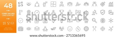 Core values line icon set featuring symbols representing principles, ethics, integrity, teamwork, vision, leadership, motivation, and growth for business and personal development