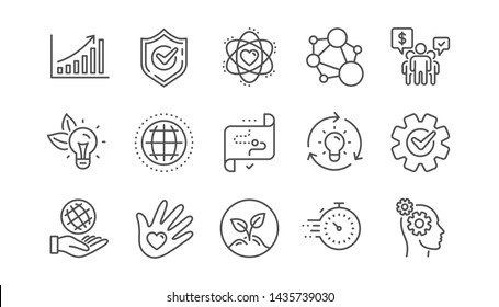 Core values line icons. Integrity, Target purpose and Strategy. Helping hand, social responsibility, commitment goal icons. Linear set. Vector