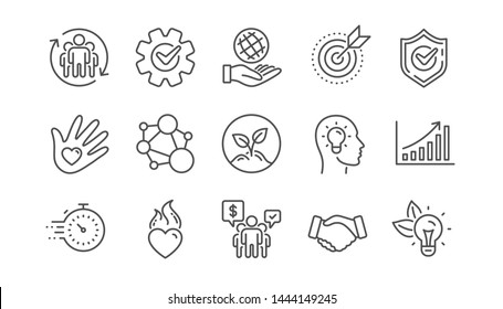 Core Values Line Icons. Integrity, Target Purpose And Strategy. Trust Handshake, Social Responsibility, Commitment Goal Icons. Linear Set. Vector