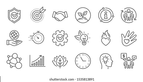 Core values line icons. Integrity, Target purpose and Strategy. Trust handshake, social responsibility, commitment goal icons. Linear set. Quality line set. Vector