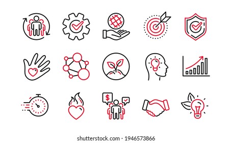 Core values line icons. Integrity, Target purpose and Strategy. Trust handshake, social responsibility, commitment goal icons. Linear set. Linear set. Quality line set. Vector