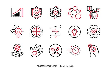 Iconos de línea de valores principales. Integridad, Objetivo y Estrategia. Mano amiga, responsabilidad social, compromiso, objetivos iconos. Conjunto lineal. Conjunto lineal. Conjunto de líneas de calidad. Vector