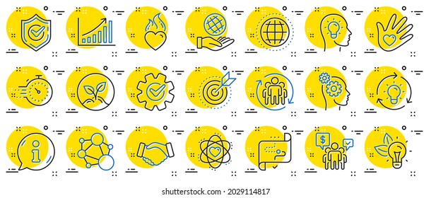 Core values line icons. Integrity, Target purpose and Strategy. Trust handshake, social responsibility, commitment goal icons. Growth chart, innovation, core values network. Info center bubble. Vector