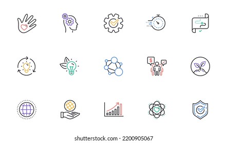 Core values line icons. Integrity, Target purpose and Strategy. Helping hand, social responsibility, commitment goal icons. Linear set. Bicolor outline web elements. Vector