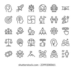 Core values line icons. Integrity, Empathy and Strategy. Vision, Social Responsibility, Commitment, Environmentalism icons. Personal Growth, Innovation, Family, Problem Solving. vector illustration