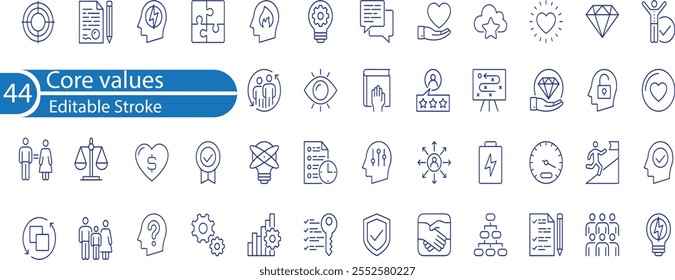 Core values line icons. Integrity, Empathy and Strategy. Vision, Social Responsibility, Commitment, Environmentalism icons