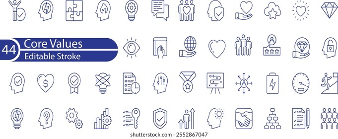 Core values line icons. Integrity, Empathy and Strategy. Vision, Social Responsibility, Commitment, Environmentalism icons. Personal Growth, Innovation, Family, Problem Solving. 