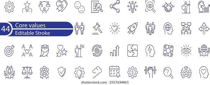 Core values line icons. Integrity, Empathy and Strategy. Vision, Social Responsibility, Commitment, Environmentalism icons. Personal Growth, Innovation, Family, Problem Solving