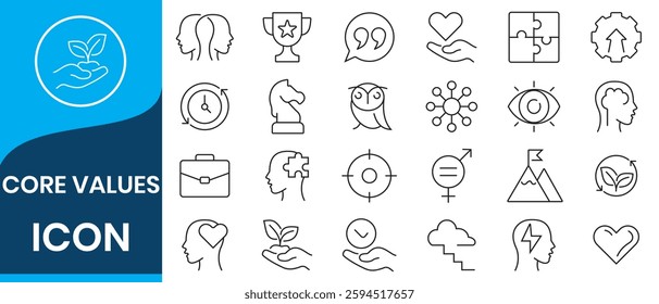 Core values line icons. Integrity, Empathy and Strategy. Vision, Social Responsibility, Commitment, Environmentalism icons. Personal Growth, Innovation, Family, Problem Solving. vector illustration.