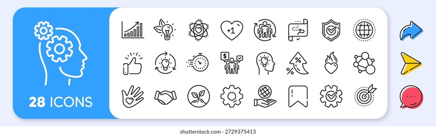 Iconos de línea de valores principales. Tasa de interés, IA generan, iconos de inflación. Integridad, Objetivo y Estrategia. Apretón de manos de confianza, responsabilidad social, iconos de objetivos de compromiso. Vector
